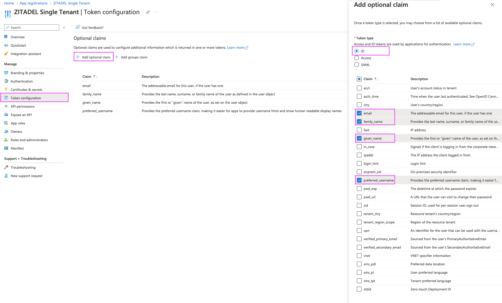 Azure Token configuration